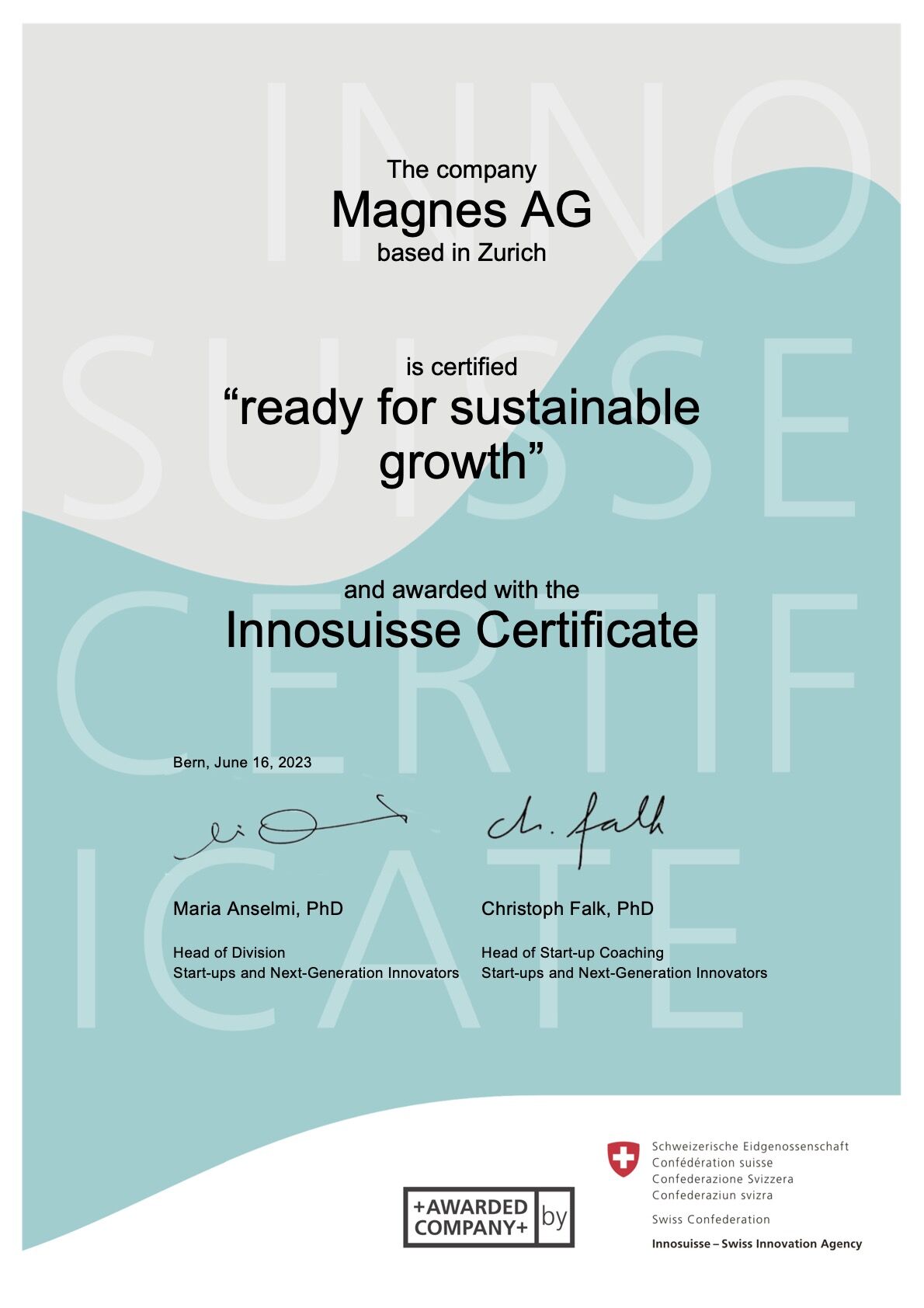Innosuisse Certificate for Sustainable Growth